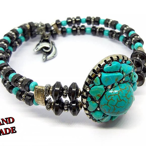 Turquoise Natural Stone Hematite Cord Bracelet NEW - Picture 3 of 3